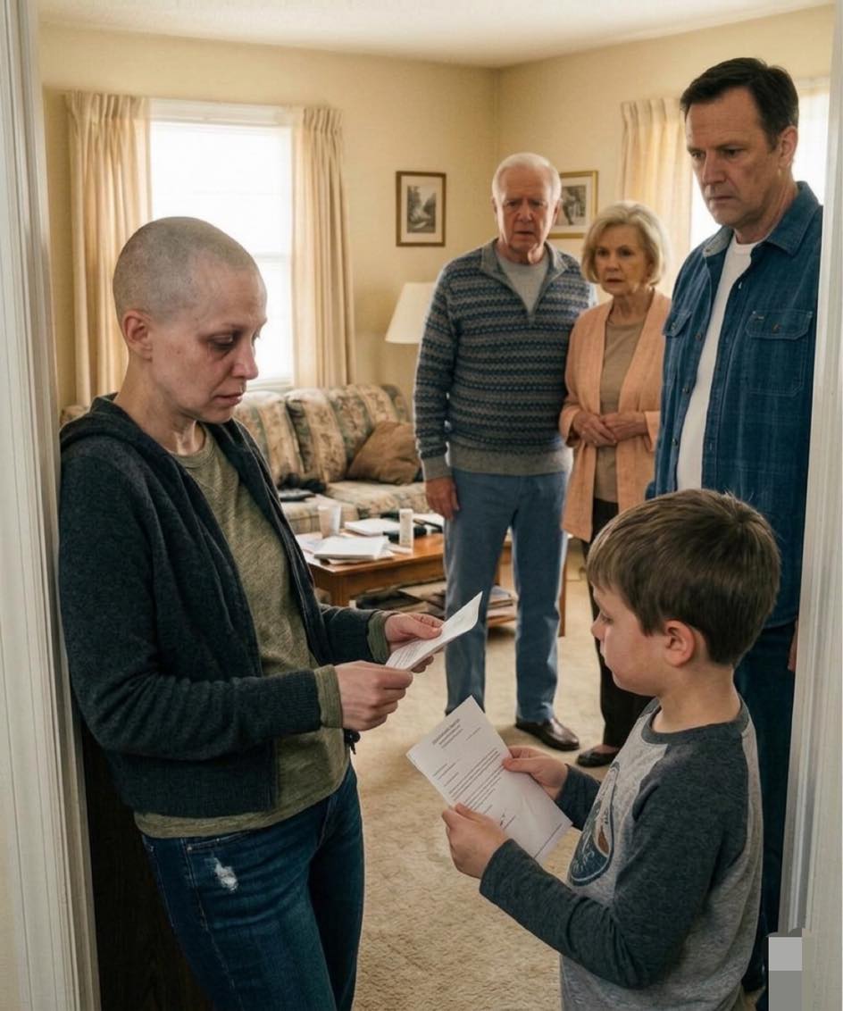 I called my family to say I had breast cancer. Mom said, “We’re in the middle of your cousin’s bridal shower.” I went through chemo alone. Days later, they came asking if I could still co-sign my sister’s car loan. My 6-year-old son came out holding a doctor’s note… and said, “Mommy said to show you this if you ever ask for money.” Their smiles froze as they read it.