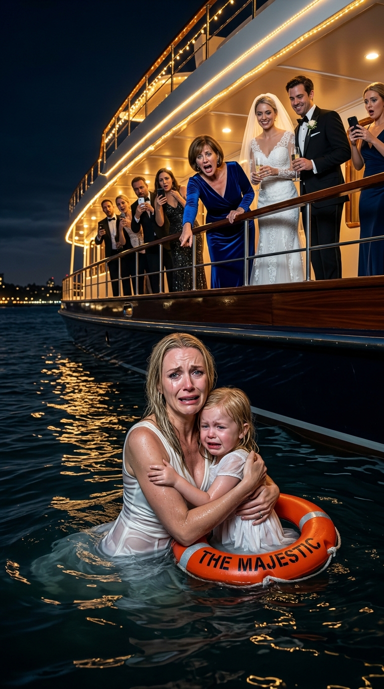 At my sister’s wedding, my mom shoved her ‘single mom’ daughter and ‘orphan ‘ granddaughter off the deck into the freezing harbor. “Your sister married a CEO—unlike you, who only brings shame to us,” my mother sneered. My father roared, “Know your place!” The 100 elite guests actually laughed and clapped. But their laughter died 2 minutes later when 3 black helicopters surrounded the yacht… and a secret billionaire stepped out to destroy their entire life…