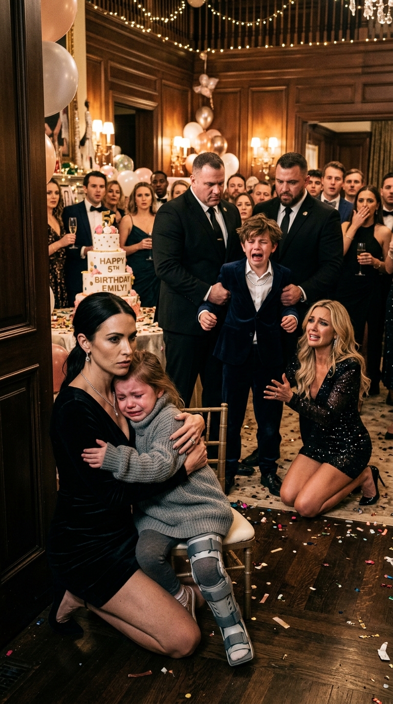 I returned from my overseas law firm to find my daughter sitting in a corner at her own birthday party, her leg in a hidden cast and tears in her eyes. My sister whispered, “She fell, don’t ruin the party mood.” Then I saw my sister’s son wearing my daughter’s expensive jewelry, bragging about “pushing the loser down the basement stairs.” I didn’t make a scene. I just walked to the DJ’s mic and announced…. My sister’s smile didn’t just fade—it vanished.