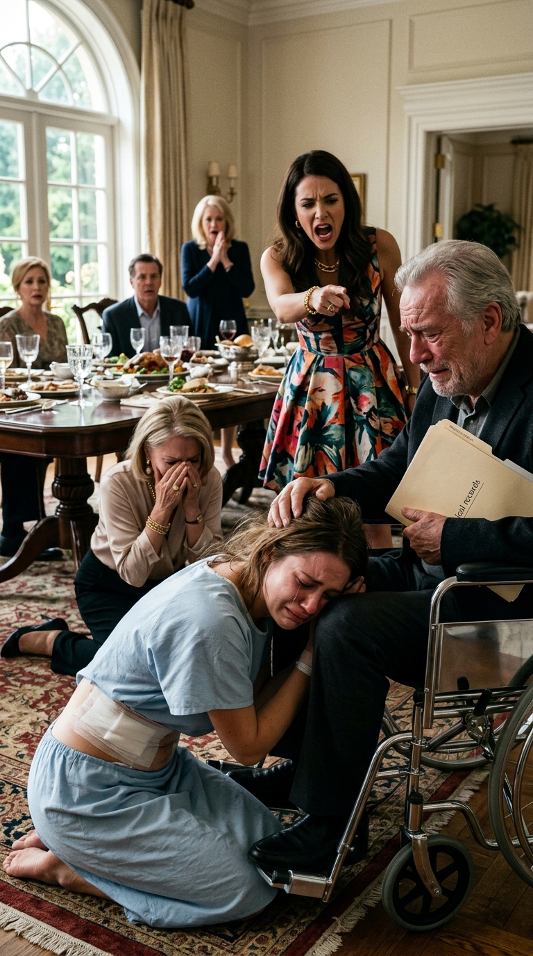 I gave dad my left kidney. Recovery took 9 weeks. At the family dinner, mom toasted: “To your sister — who organized the fundraiser and saved your father’s life.” 22 relatives clinked glasses. No one looked at me. I stood up. Dad grabbed my wrist. His eyes were wet. He slid a napkin across the table. It read….