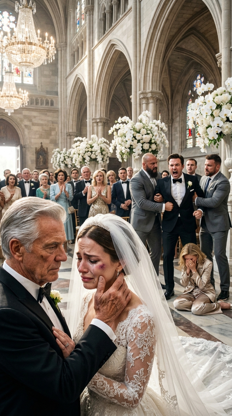 On my wedding day, my father was stunned when he saw the bruises on my face. “My dear daughter… who did this to you?” he asked, his voice trembling. My fiancé just laughed. “Just teaching her a lesson in our family.” The atmosphere froze. Then my father turned back, cold as steel. “This wedding is over,” and so is your family.
