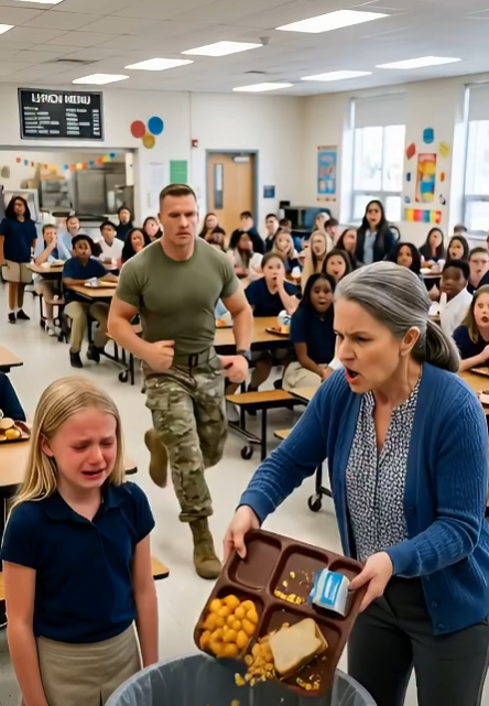 Returning from a 3-month black ops tour, I watched the teacher toss my 6-year-old’s lunch in the garbage over spilled milk. “Orphans don’t get second chances,” she sneered at my sobbing daughter. The arrogant woman assumed the ragged man watching was a nobody. She had no clue I was a Tier-1 Special Forces Colonel. I slid the steel doors shut, locked them, and whispered one sentence that changed her entire life…