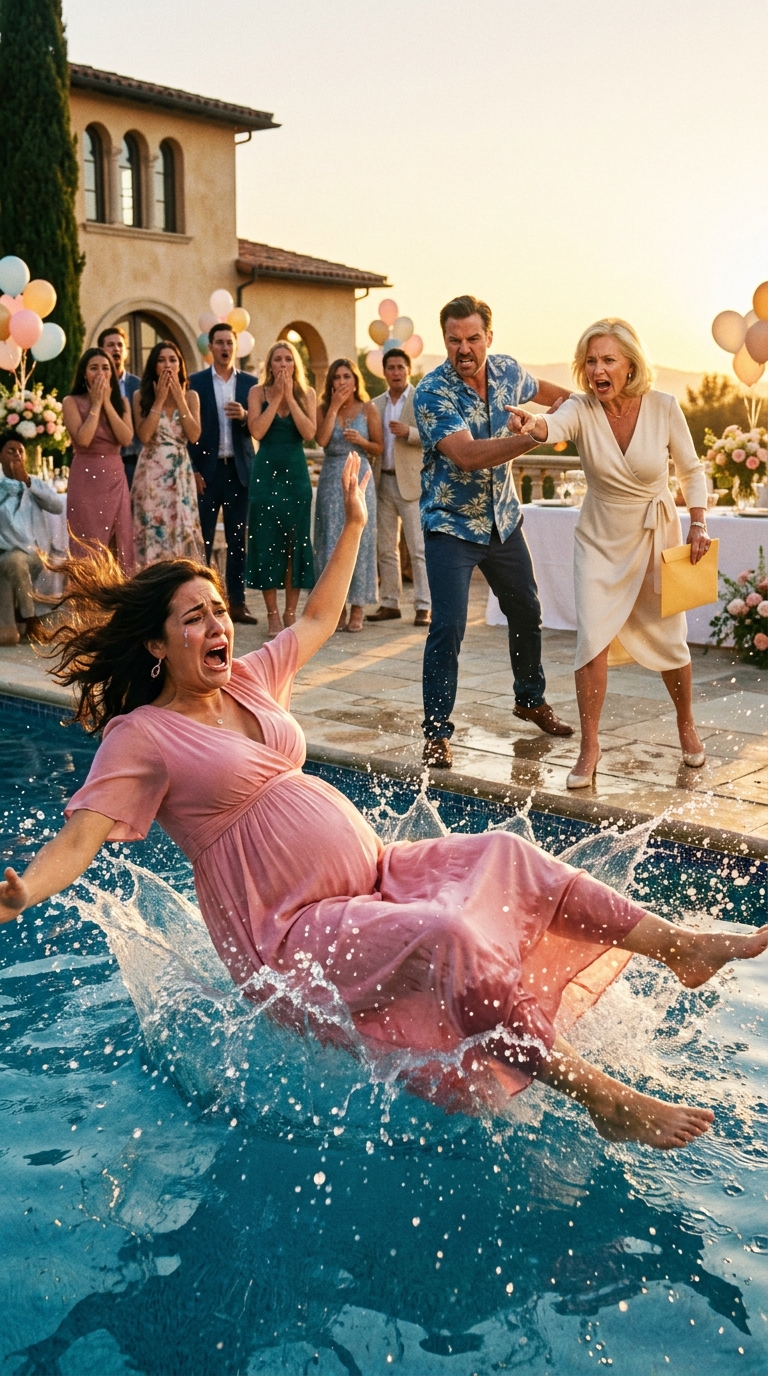 At my baby shower, my husband handed my entire $23,000 delivery fund to his mother. “Family money stays with family,” she sneered. When I tried to stop him, I was shoved into the pool. As I looked down my 8-month-pregnant belly, my blood turned ice cold. They watched me sink. If we survived, their life would be burned to hell…