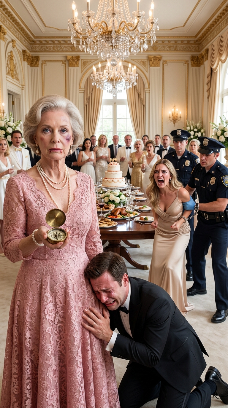 My son violently h//it me 30 times in front of his wife at his birthday dinner. “Get out, you obsolete burden,” she laughed. Then, he hurled the only thing I had left of my late husband—his vintage compass away. I didn’t yell. I didn’t cry. I quietly left the mansion. He thought he had won. But when the sun came up, he was desperately begging me to cancel the command that just ruined his life…