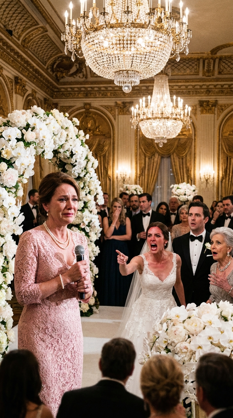 ‘Your poor face will ruin my lie,’ my daughter sneered, forcing me into a maid’s uniform at her own million-dollar wedding. She told her rich new in-laws she was royalty, completely forgetting I had sold my only house to pay for her dream day. In that moment, I stopped being her mother. I walked up to the DJ booth, took the mic, and said the one sentence that permanently shattered her perfect illusion…