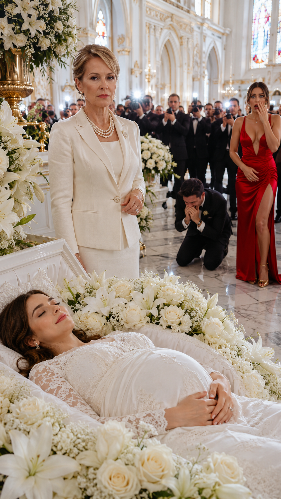 My pregnant daughter was in a coffin—and her husband showed up like it was a celebration. He walked in laughing with his mistress on his arm, her heels clicking on the church floor like applause. She even leaned close to me and murmured, “Looks like I win.” I swallowed my scream and stared at my daughter’s pale hands, still, forever. Then the lawyer stepped to the front, holding a sealed envelope. “Before the burial,” he announced, voice sharp, “the will must be read.” My son-in-law smirked—until the lawyer said the first name. And the smile slid right off his face.