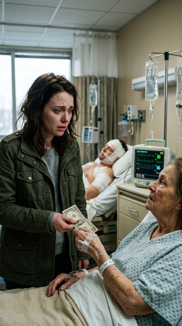 While my husband was on life support after a horrific hit-and-run, I brought daily meals to the lonely old woman in the bed next to his. One afternoon, she grabbed my hand, pressed a crumpled $100 bill into my palm, and whispered, ‘Your husband’s accident wasn’t random.’ I dismissed it as the medication talking—until I unfolded the bill and saw what was written inside. In that moment, my entire world shattered…