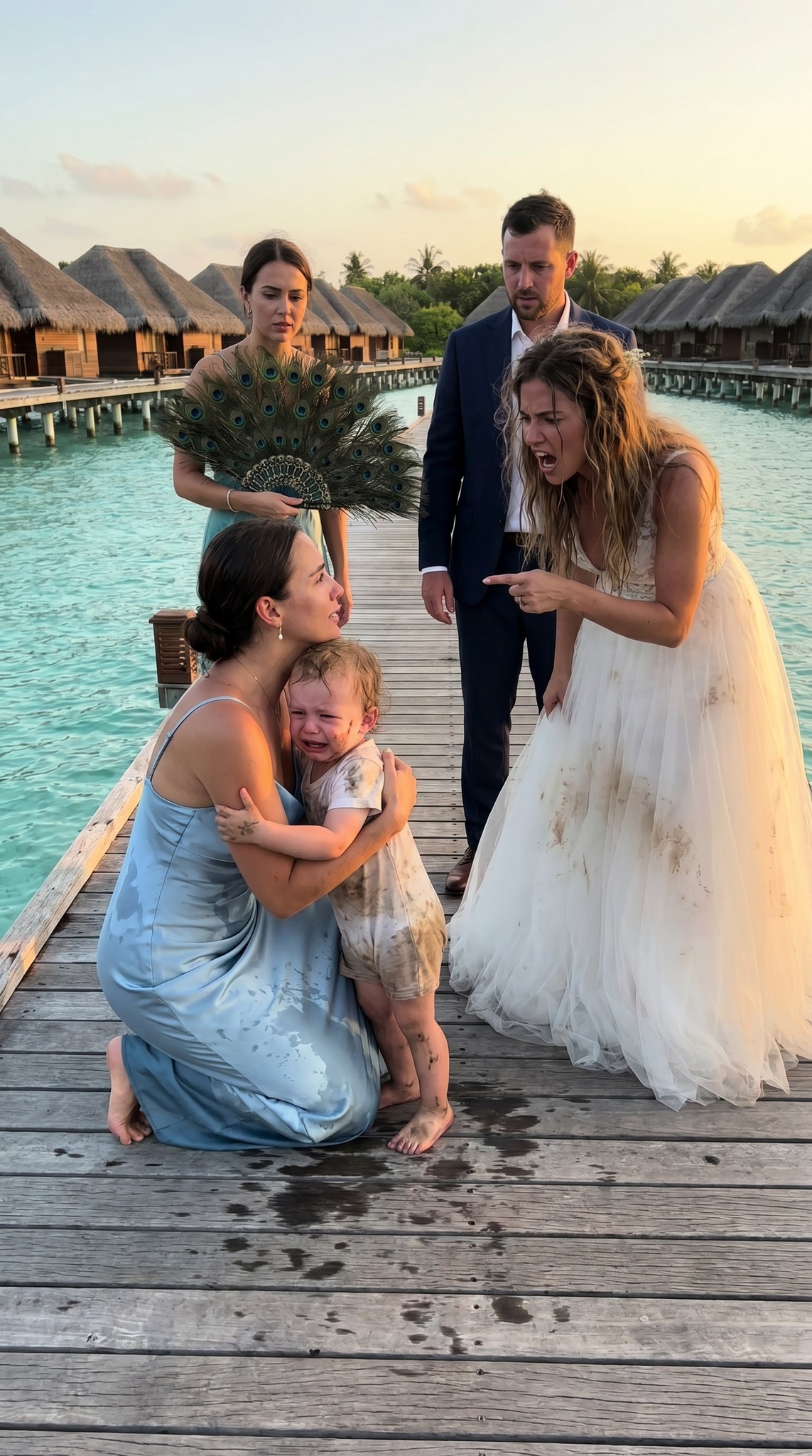 I never told my parents I paid the $2 million bill for my sister’s wedding on my private island. They believed the groom’s family was that rich. At the reception, my 8-year-old daughter accidentally stepped on the wedding dress. My sister, furious, shoved her off a 2-meter drop. When I tried to call 911, my mother slapped me, hissing, “Stop ruining her big day, you jealous loser.” My father kept striking my child’s face, yelling, “Get up. Stop pretending, you curse.” I made one call to cancel the wedding, then calmly lifted my daughter and walked away.