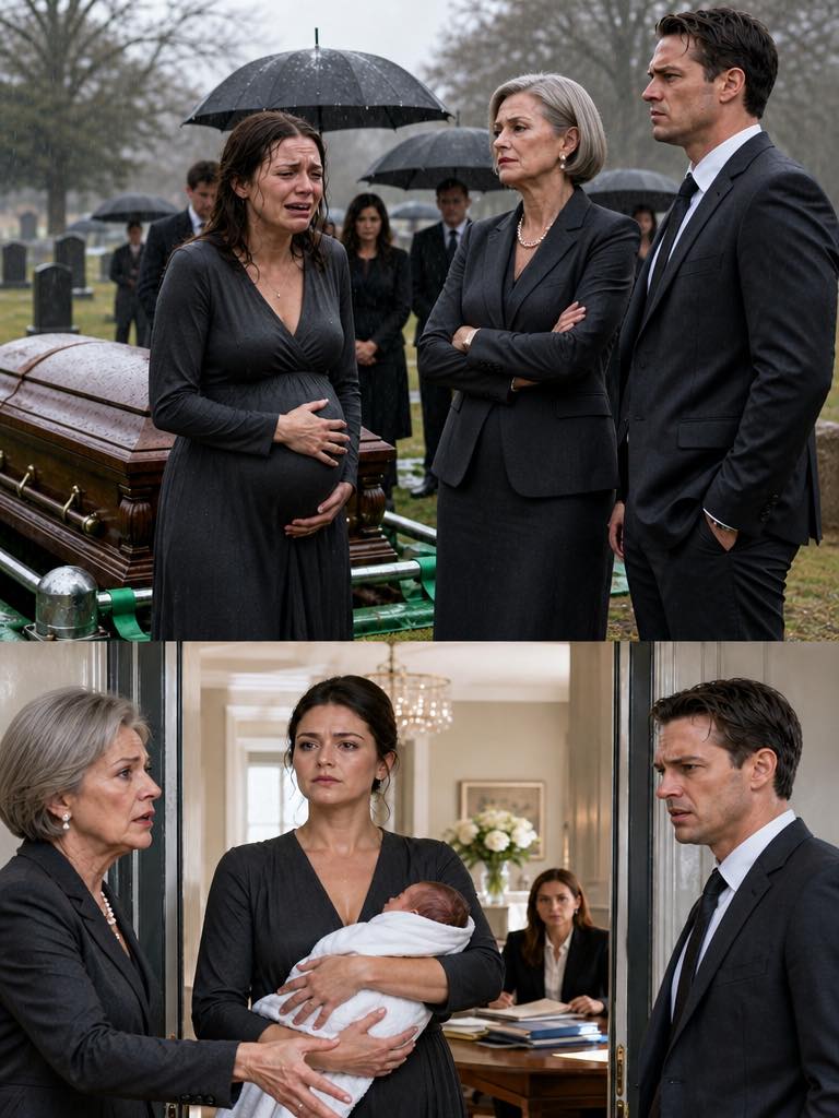 After my husband’s funeral, I whispered, “My water just broke.” His mother scoffed, “We’re grieving. Call a taxi yourself.” His brother muttered, “Not tonight.” I called one myself. Alone. Twelve days later, she rang my doorbell: “I’ve come to see my grandchild.” I replied, “Which grandchild?”