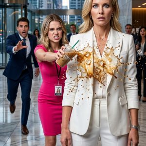 An intern threw coffee on my white suit, screaming that the CEO was her husband. “Get this beggar out!” she laughed, livestreaming my humiliation to her followers. I didn’t yell. I simply wiped the espresso, and call him, “Come meet your new wife.” When the elevator opened and the CEO saw my face, the intern’s smile turned to pure terror…