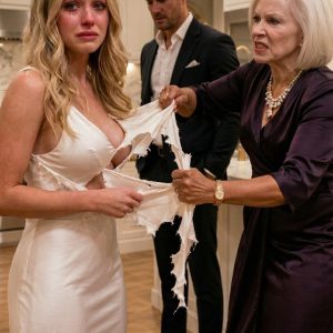 “My son pays for everything here! You’re a nobody!” my mother-in-law screamed, ripping my custom white silk dress in half. My husband stood behind her, watching in silence. He didn’t defend me. They thought I was just a broke wife living off his generosity. I didn’t scream or cry. I calmly picked up the ruined dress. By 8:42 the next morning, my mother-in-law was aggressively jamming her key into a front door that would no longer open.
