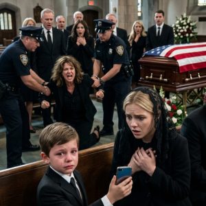 At my husband’s funeral, his mother looked straight at me and said coldly, “Better he’s gone now than forced to live with the embarrassment she brought him.” A few relatives nodded, whispering their approval. Before I could respond, my eight-year-old son rose from his seat, gripping his dad’s phone with both hands. “Grandma,” he said in a steady voice, “do you want me to play the recording Dad made about you last week?” Her expression collapsed instantly—the color drained from her face as the entire room fell silent.