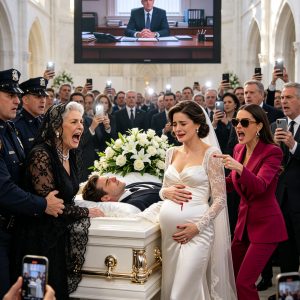 My husband was barely cold in his coffin, and my mother-in-law was already demanding the keys to our house. “Pack your bags, incubator,” she sneered, dropping a fake paternity test onto his casket. “My son’s millions belong to his real family.” My sister-in-law stepped up and literally ripped my wedding ring right off my finger. I stood there, eight months pregnant, trembling as they laughed. Then, the church doors slammed open. My husband’s attorney walked in, carrying a projector. “Per the deceased’s strict instructions,” he announced, “this video must be played before the burial.” My mother-in-law smiled proudly—until my dead husband’s face appeared on the screen, and the first sentence he spoke made her instantly collapse to the floor…