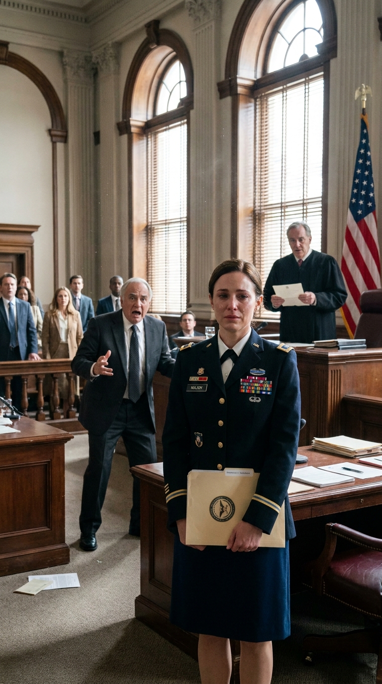 “She’s an impostor,” my father shouted in court, demanding everything I had. Then my lawyer handed the judge a sealed letter from the Pentagon. The judge slowly removed his glasses and said, “All rise.” My father’s face went pale. “Wait… what?”