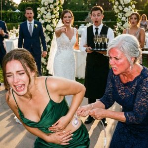 At my sister’s lavish wedding, my mother-in-law ripped the insulin pump from my waist and threw it into the trash, laughing, “Your diabetes is just attention-seeking!” Minutes later, I collapsed beside the buffet while she mocked me for “ruining the wedding photos” with a “fake coma.” The ballroom went silent when a “caterer” vaulted over the counter to save me. His face turned deadly pale after smelling the wine. “Who touched this glass of wine?” he thundered.