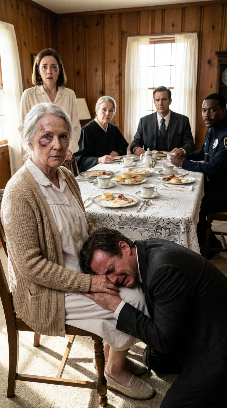 My son hit me last night and I stayed quiet. This morning, I laid out my lace tablecloth, baked a full Southern breakfast, and set the good china like it was Christmas. He came downstairs, saw the biscuits and grits, smirked, and said, “So you finally learned,” but his face changed the second he saw who was sitting at my table.
