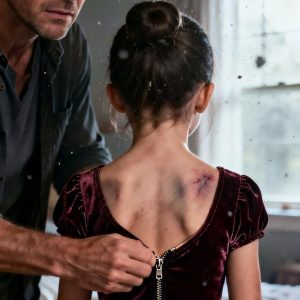 My 8-year-old secretly lifted her shirt, revealing horrific bruises covering her spine. “Grandpa Richard did it. He calls it discipline,” she sobbed. “I told Mom, but she said I was overreacting.” My blood boiled. Downstairs, my wife was getting ready to take our child back to her abuser. I didn’t scream. I grabbed a duffel bag and whispered, “We’re leaving.” Suddenly, the brass doorknob slowly began to turn. My daughter gasped in pure terror.