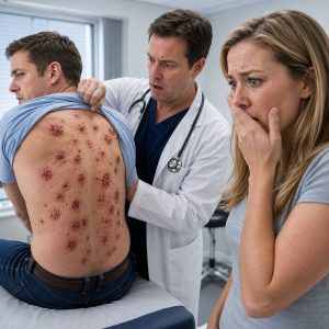 I froze when I saw them—dozens of tiny red bumps dotting my husband’s back, clustered like something laid there. “It’s probably a rash,” he muttered, trying to laugh it off. But my stomach turned. At the clinic, the doctor leaned in, then went strangely still. His lips parted, eyes draining of color. He whispered, “Don’t go home. Call the police. Now.”