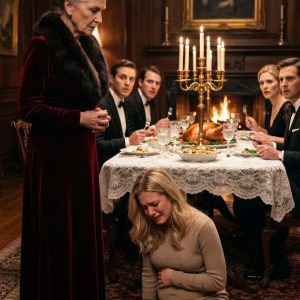 My mother-in-law slapped my 34-week pregnant face and forced me to eat gristle off the floor while 20 relatives watched in silence. My husband didn’t even look up from his phone, calling me “theatrical” as I bled. Just as she sneered that I was a “feral stray” with no family, a fleet of black SUVs tore through her pristine lawn. Six men in tactical gear breached the house, and a billionaire titan with a gold-tipped cane knelt in the dirt beside me. He didn’t look at them; he looked at my broken locket and whispered, “I’ve found you, my granddaughter.” The color drained from my husband’s face as the guards raised their weapons…