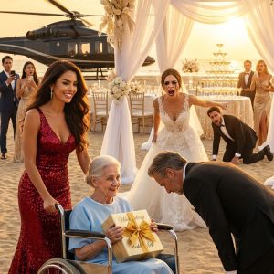 At my sister-in-law’s luxurious private beach wedding, she ordered the security guards to lock my wheelchair-bound grandmother in a sweltering equipment shed because her oxygen tank “ruined the tropical aesthetic.” When I rushed to stop them, my husband kicked the back of my knees, forcing me onto the sand in front of 500 VIP guests. “Kneel and apologize to the bride, or I’m taking the children,” he hissed. The crowd erupted in cruel laughter. I slowly stood up, brushed the sand off my bruised knees, and pulled out my phone. “Grandma,” I said into the screen, “You were right.” Within three minutes, a fleet of black helicopters descended on the beach, and the true owner of the island stepped out…