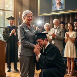 My son banned me from his med school graduation, texting that my scarred hands and limp would embarrass his wealthy in-laws. I had scrubbed floors for 30 years to pay his tuition. I showed up anyway, hiding in the very back row. But the moment the University President announced the ‘Lifetime Hero Award’ and called my name to the stage, I stepped out of the shadows. As I limped past his row, my son’s arrogant expression shattered into absolute terror…