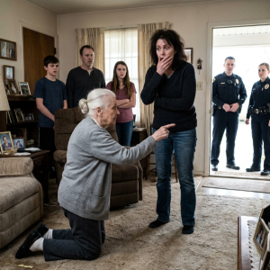 “Crawl like a dog!” The evil wife shoved her 82-year-old MIL down. But when the silent old lady pointed to the open door, everyone froze…