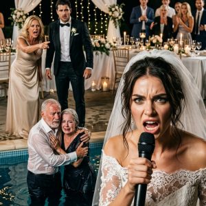 At my wedding, my future mother-in-law looked at my parents with open contempt and sneered, “I’ve never seen such a pitiful family”. Then she shoved them into the pool and laughing, “Maybe that will wash away the smell of poverty.” While my fiancé stood there without saying a word, I walked to the microphone, canceled the wedding, and calmly announced, “By tomorrow morning, your family’s empire will be finished.”