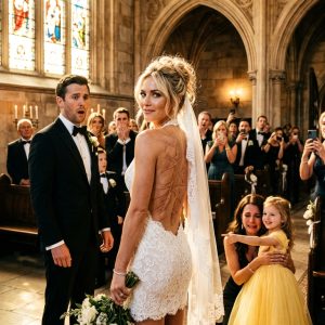 At our Texas wedding, my fiancé forced me to wear a high-necked, long-sleeved gown in the sweltering heat. As I walked down the aisle, he loudly joked to his groomsmen, “Had to cover her up. Nobody wants to look at a melted monster on their wedding day.” The crowd snickered. I stopped, calmly unzipped my dress, and let it fall, revealing a strapless gown and the severe burn scars covering my back and arms. A woman in the front row burst into tears. It was his ex-wife, holding their five-year-old daughter—the little girl I had shielded with my own body in a house fire two years ago.
