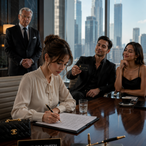 I signed the divorce documents in silence. “Take this card and vanish. Think of it as payment for two wasted years of marriage,” my CEO husband sneered. His mistress laughed. They wanted me gone before his $50m investor pitch at 2 pm. He thought I was a helpless orphan. But nobody in that room realized the frail old notary in the corner was watching every second of the humiliation, waiting to spring the ultimate trap.