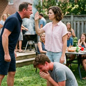 During our 4th of July BBQ, my ab//usive brother-in-law pin//ned my 13-year-old son in a br//utal joint lock, sneering: “You’re just a weak little girl who needs his mommy!” Despite them thinking I was a helpless desk worker, I stepped onto the mat and choked out the 220-pound b//ully in seconds. As the family stood paralyzed in sh0ck, our veteran neighbor walked in, and the bru//tal truth of my combat past in the war zone began to bleed out…