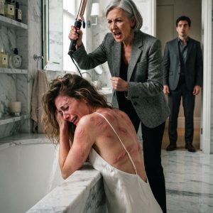 I checked the baby monitor from my office in Chicago and watched in absolute horror. My mother had pinned my postpartum wife to the bathroom floor, pressing a 400-degree curling iron against her bare shoulder. “You will sign the house over to my son, or I’ll scar your pretty face next,” my mother sneered. My wife was screaming in agony, the smell of burning skin filling the room. I slammed my laptop shut, dialed 911, and sped home. When I kicked the bathroom door off its hinges, my mother smiled…