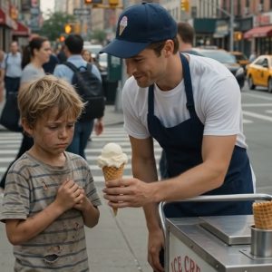 Thirty Winters After a Struggling Vendor Handed a Starving Child a Free Ice Cream Cone on a Freezing Cobblestone Street, a Black Sedan Slowed to a Stop Beside the Same Man — What the Man Pressed into His Palm Rewrote a Promise the World Had Long Forgotten