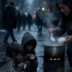 She fed three homeless children when she had nothing… Years later, three Rolls-Royces stopped in front of her cart—and the street went silent.
