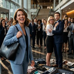 I found out my husband was having an affair with the company’s young intern, but I refused to give him the explosive collapse he was probably waiting for. Instead, I gathered every suit, every shined pair of shoes, and every costly little accessory he owned, drove directly to his office, and handed his entire life over to the woman he had picked instead of me. When I pushed those suitcases to her feet and calmly said, “Congratulations… he belongs to you now,” the whole lobby fell silent.