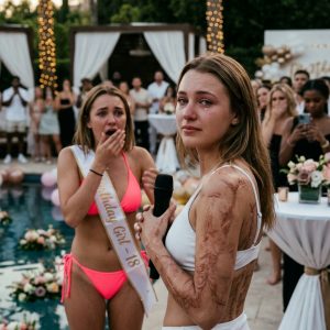 My stepsister hosted a luxury pool party, hiding my clothes so I’d have to expose my prosthetic leg. “Hop out there, pirate! Show my rich friends how defective you are,” she laughed. I didn’t cry. My billionaire husband handed me a briefcase. I walked out wearing a $500,000 custom gold-titanium blade. The VIP investors she was trying to impress immediately stood up and bowed to me, because…