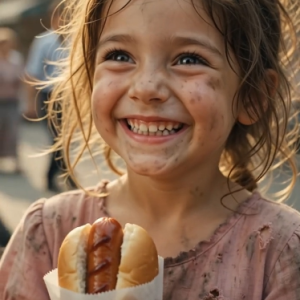 “Ma’am… I only have enough money for half a sausage.” The little girl’s voice was so soft it was almost swallowed by the noise of the busy New York sidewalk. The vendor paused. Her eyes fell on the child’s tiny hand, tightly gripping three worn silver coins. The girl’s faded pink dress was torn, her shoes were nearly falling apart, and the sadness in her eyes was impossible to ignore.